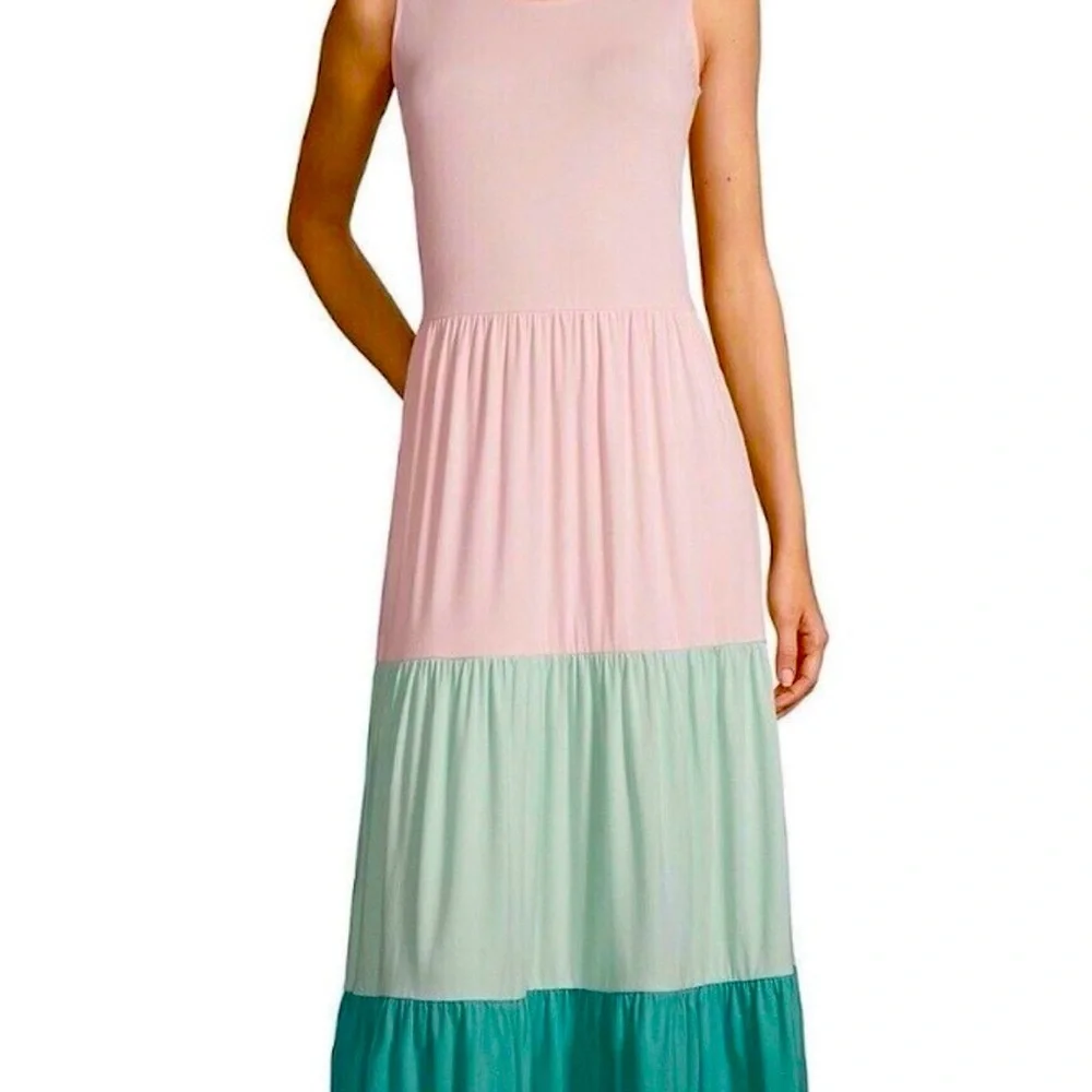 Lands End Sleeveless Tiered Ruffle Color Block Maxi Dress Women's Small pink NWT - Picture 2 of 10